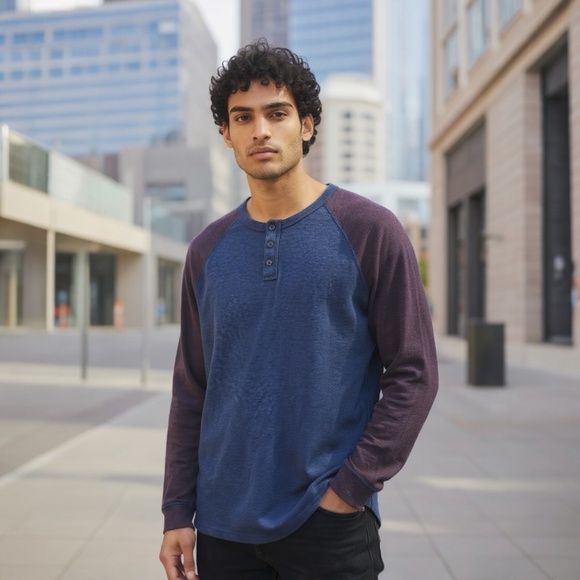 BDG Mens Long Sleeve TwoToned Henley Shirt With Buttons Size XL - Picture 1 of 5